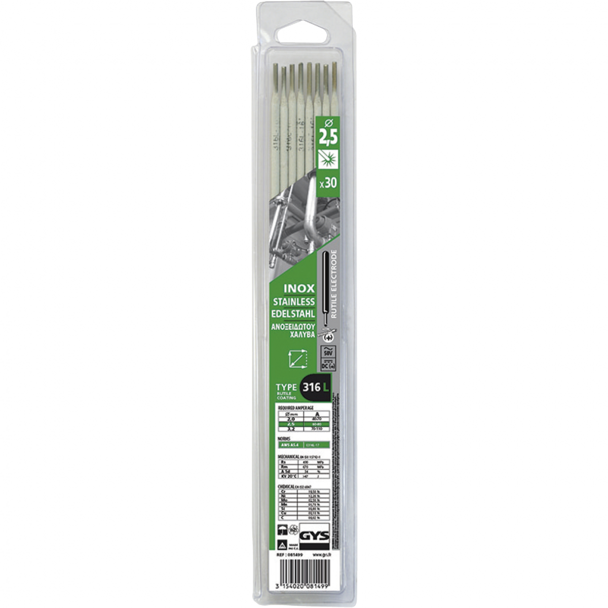 GYS INOX 316L saválló hegesztő elektróda, 2.5 mm, 30 szál/csomag termék fő termékképe