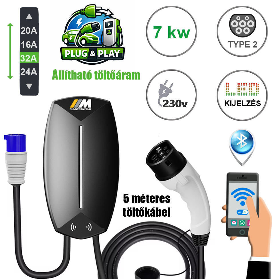 Mastroweld EVoCHARGE fali elektromos autó töltő, 7 kW, 5 m termék fő termékképe