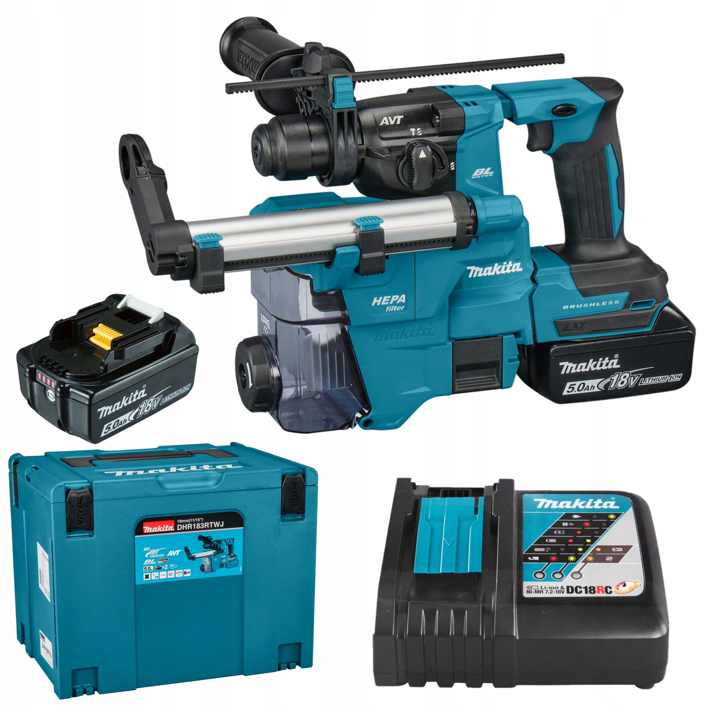 Makita DHR183RTWJ akkumulátoros SDS-plus fúrókalapács (2 x 5.0 Ah Li-ion akkuval, MAKPAC kofferben) + DX16 porelszívó egység termék fő termékképe