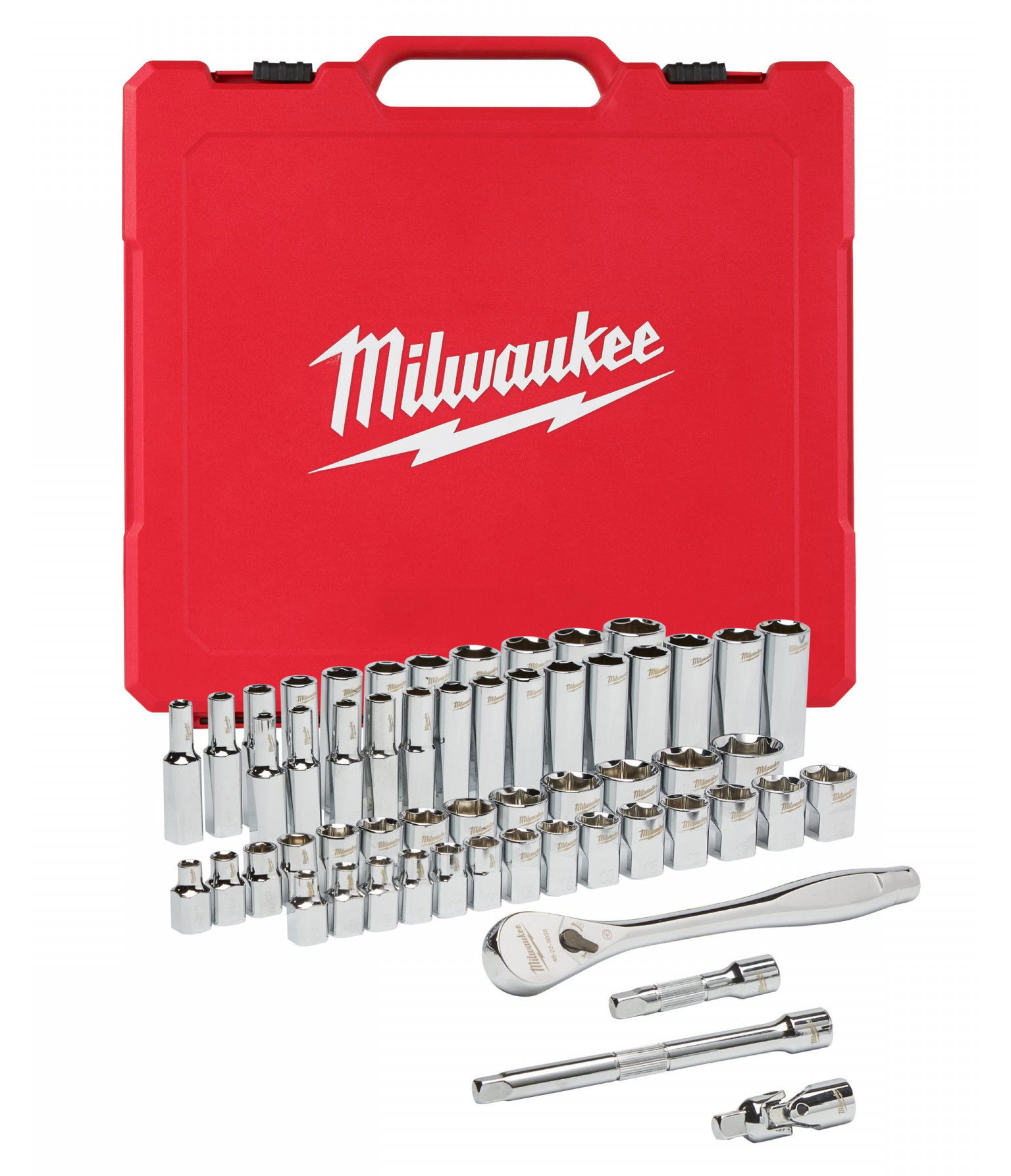 Milwaukee 3/8"-os racsni és dugókulcs készlet, metrikus és colos méret, 56 darabos termék fő termékképe